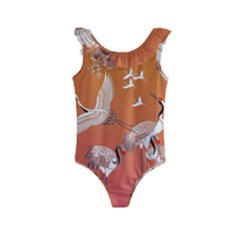 Japanese Crane Painting Of Birds Kids  Frill Swimsuit by Cendanart