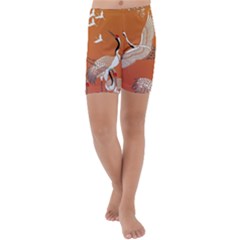 Japanese Crane Painting Of Birds Kids  Lightweight Velour Capri Yoga Leggings by Cendanart