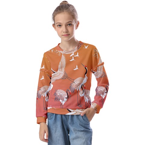 Japanese Crane Painting Of Birds Kids  Long Sleeve T-shirt With Frill  by Cendanart