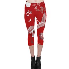 Japanese Crane Bird Art Capri Leggings  by Cendanart