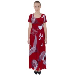 Japanese Crane Bird Art High Waist Short Sleeve Maxi Dress by Cendanart