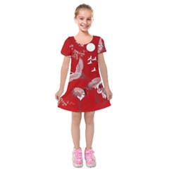 Japanese Crane Bird Art Kids  Short Sleeve Velvet Dress by Cendanart