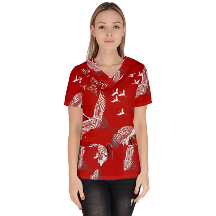 Japanese Crane Bird Art Women s V-Neck Scrub Top