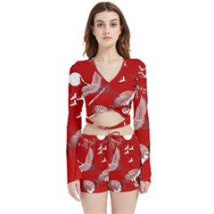 Japanese Crane Bird Art Velvet Wrap Crop Top And Shorts Set by Cendanart