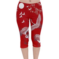 Japanese Crane Bird Art Velvet Capri Leggings  by Cendanart