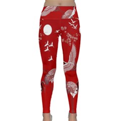 Japanese Crane Bird Art Lightweight Velour Classic Yoga Leggings by Cendanart