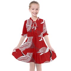 Japanese Crane Bird Art Kids  All Frills Chiffon Dress by Cendanart