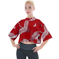 Japanese Crane Bird Art Mock Neck T-shirt by Cendanart