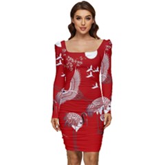 Japanese Crane Bird Art Women Long Sleeve Ruched Stretch Jersey Dress by Cendanart