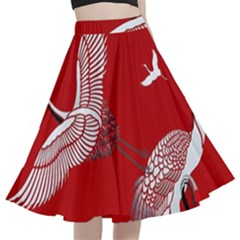 Japanese Crane Bird Art A-line Full Circle Midi Skirt With Pocket by Cendanart