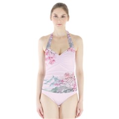 Pink Chinese Style Cherry Blossom Halter Swimsuit by Cendanart