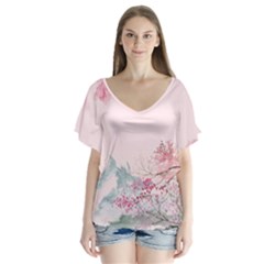 Pink Chinese Style Cherry Blossom V-neck Flutter Sleeve Top by Cendanart