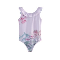 Pink Chinese Style Cherry Blossom Kids  Frill Swimsuit by Cendanart