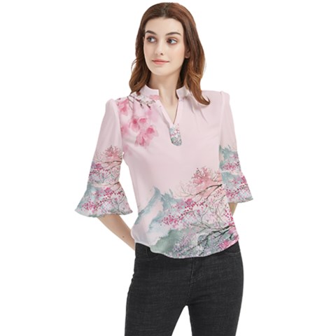 Pink Chinese Style Cherry Blossom Loose Horn Sleeve Chiffon Blouse by Cendanart