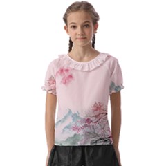 Pink Chinese Style Cherry Blossom Kids  Frill Chiffon Blouse by Cendanart