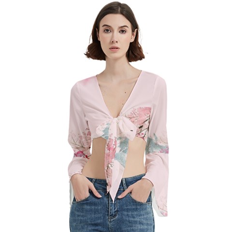 Pink Chinese Style Cherry Blossom Trumpet Sleeve Cropped Top by Cendanart