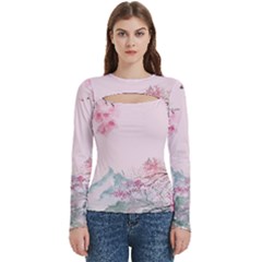 Pink Chinese Style Cherry Blossom Women s Cut Out Long Sleeve T-shirt by Cendanart