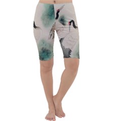 Japanese Crane Painting Of Bird Cropped Leggings  by Cendanart