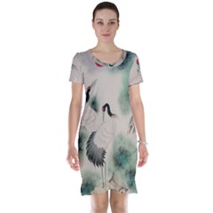 Japanese Crane Painting Of Bird Short Sleeve Nightdress