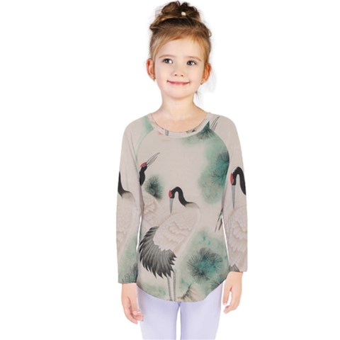 Japanese Crane Painting Of Bird Kids  Long Sleeve T-shirt by Cendanart