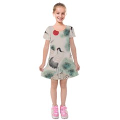 Japanese Crane Painting Of Bird Kids  Short Sleeve Velvet Dress by Cendanart