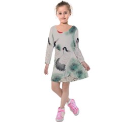 Japanese Crane Painting Of Bird Kids  Long Sleeve Velvet Dress by Cendanart