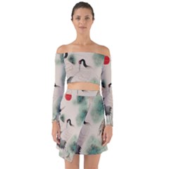 Japanese Crane Painting Of Bird Off Shoulder Top With Skirt Set by Cendanart