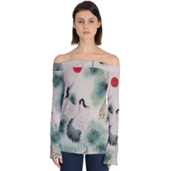 Japanese Crane Painting Of Bird Off Shoulder Long Sleeve Top by Cendanart