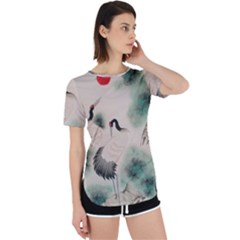 Japanese Crane Painting Of Bird Perpetual Short Sleeve T-shirt by Cendanart