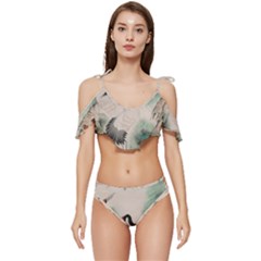 Japanese Crane Painting Of Bird Ruffle Edge Tie Up Bikini Set	 by Cendanart