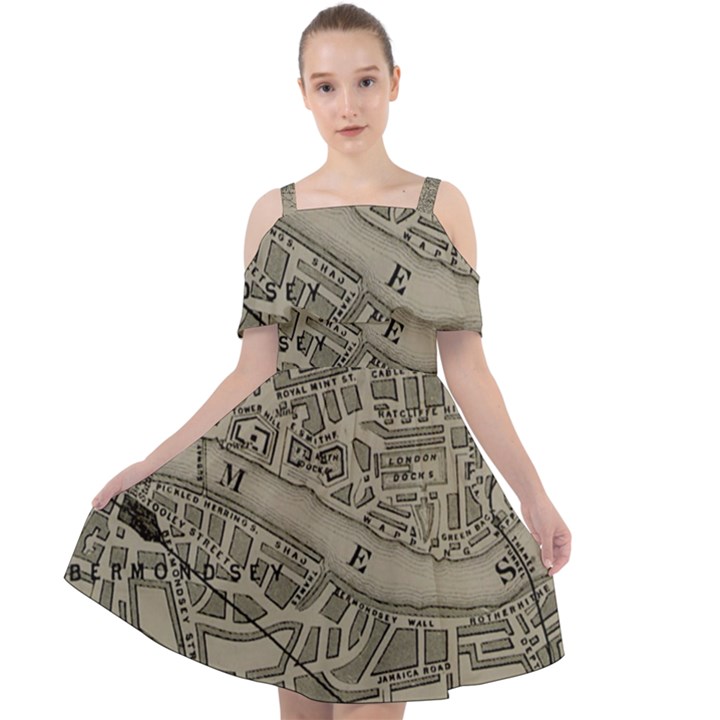 Vintage London Map Cut Out Shoulders Chiffon Dress