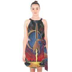 Rocket Painting Halter Collar Waist Tie Chiffon Dress by Cendanart