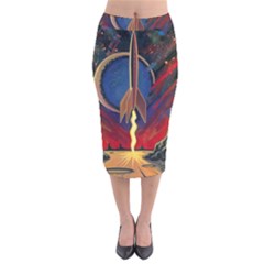 Rocket Painting Velvet Midi Pencil Skirt by Cendanart