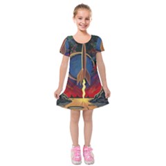 Rocket Painting Kids  Short Sleeve Velvet Dress by Cendanart