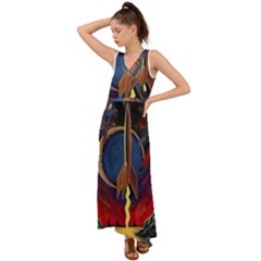 Rocket Painting V-neck Chiffon Maxi Dress by Cendanart