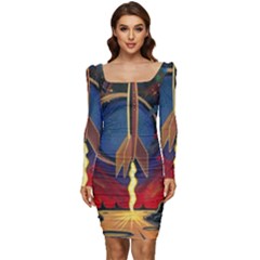 Rocket Painting Women Long Sleeve Ruched Stretch Jersey Dress by Cendanart