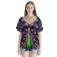 Peacock Bird Color V-neck Flutter Sleeve Top by Cendanart