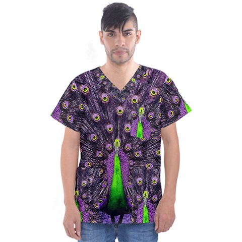 Peacock Bird Color Men s V-neck Scrub Top by Cendanart