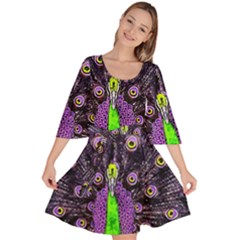 Peacock Bird Color Velour Kimono Dress