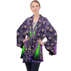 Peacock Bird Color Long Sleeve Velvet Kimono 