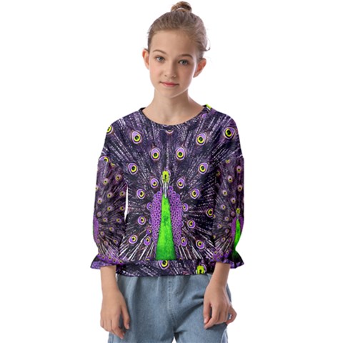 Peacock Bird Color Kids  Cuff Sleeve Top by Cendanart