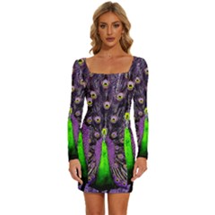 Peacock Bird Color Long Sleeve Square Neck Bodycon Velvet Dress by Cendanart