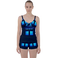 Blue Tardis Doctor Who Police Call Box Tie Front Two Piece Tankini by Cendanart