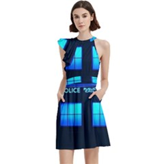 Blue Tardis Doctor Who Police Call Box Cocktail Party Halter Sleeveless Dress With Pockets by Cendanart