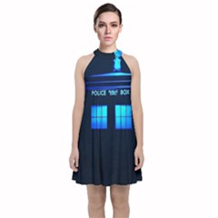 Blue Tardis Doctor Who Police Call Box Velvet Halter Neckline Dress  by Cendanart