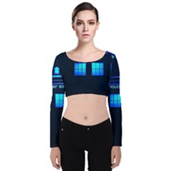 Blue Tardis Doctor Who Police Call Box Velvet Long Sleeve Crop Top by Cendanart