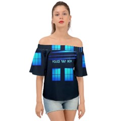 Blue Tardis Doctor Who Police Call Box Off Shoulder Short Sleeve Top by Cendanart