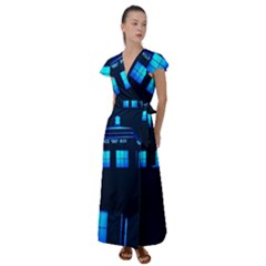 Blue Tardis Doctor Who Police Call Box Flutter Sleeve Maxi Dress by Cendanart