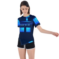 Blue Tardis Doctor Who Police Call Box Asymmetrical Short Sleeve Sports T-shirt by Cendanart