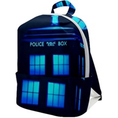 Blue Tardis Doctor Who Police Call Box Zip Up Backpack by Cendanart